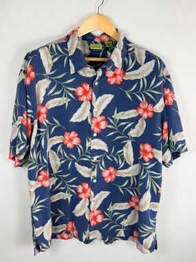 IZOD 100% Silk Hawaiian Shirt XXL Blue Tropical Floral Y2K Vintage Resort Aloha